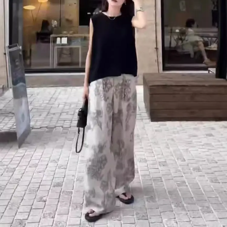 夏季新款宽松无袖背心休闲印花阔腿裤时尚女