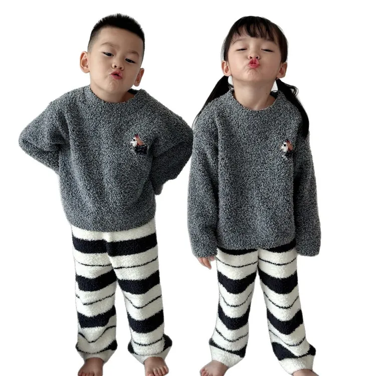 腊肠狗半边绒睡衣女秋冬季加厚保暖条纹亲子家居服套装可外穿