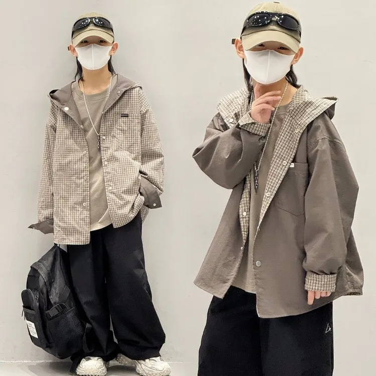 男童双面穿外套2025春秋新款儿童格子连帽上衣中大童时髦男孩潮