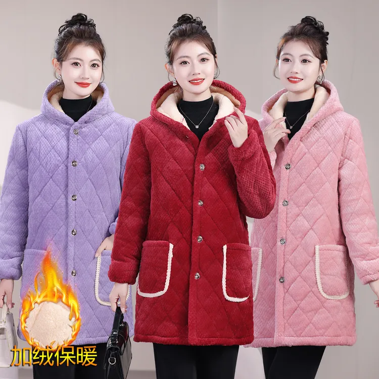 加绒加厚冬棉服妈妈装罩衣女外穿中老年保暖三层中长款连帽棉服冬