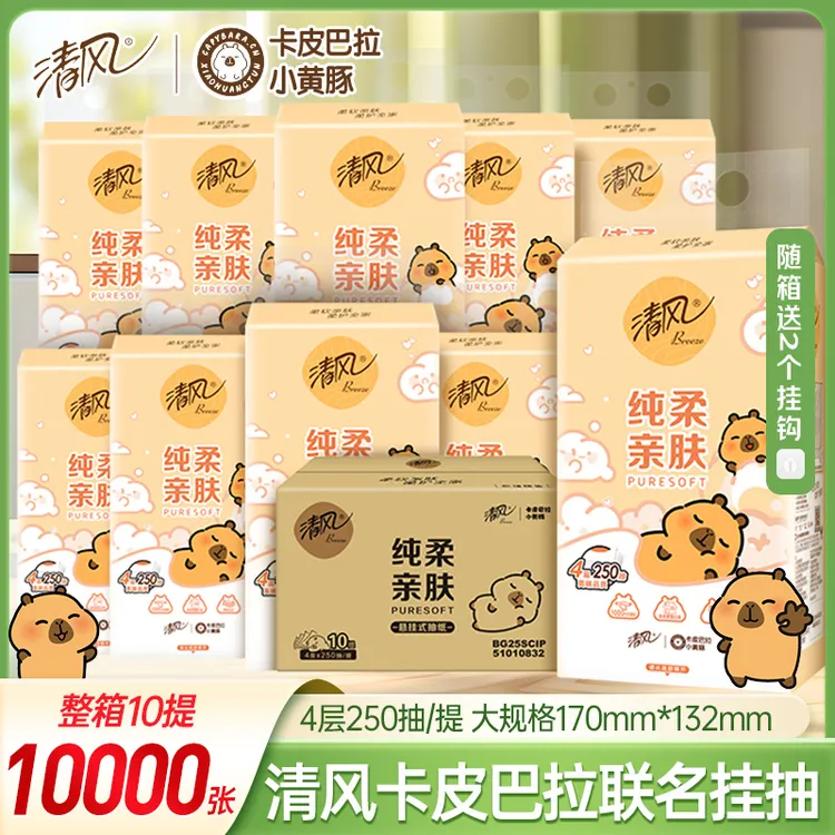清风卡皮巴拉挂抽抽纸10提整箱悬挂式4层加厚250抽卫生纸面巾纸巾
