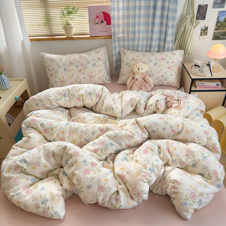 小清新四件套全棉双层纱被套床单A类双面纯棉纱布秋冬被罩三件套