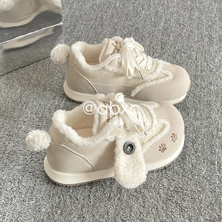 冬季加绒可爱板鞋子女款爆款2025新款面包鞋保暖二棉鞋厚底小白鞋