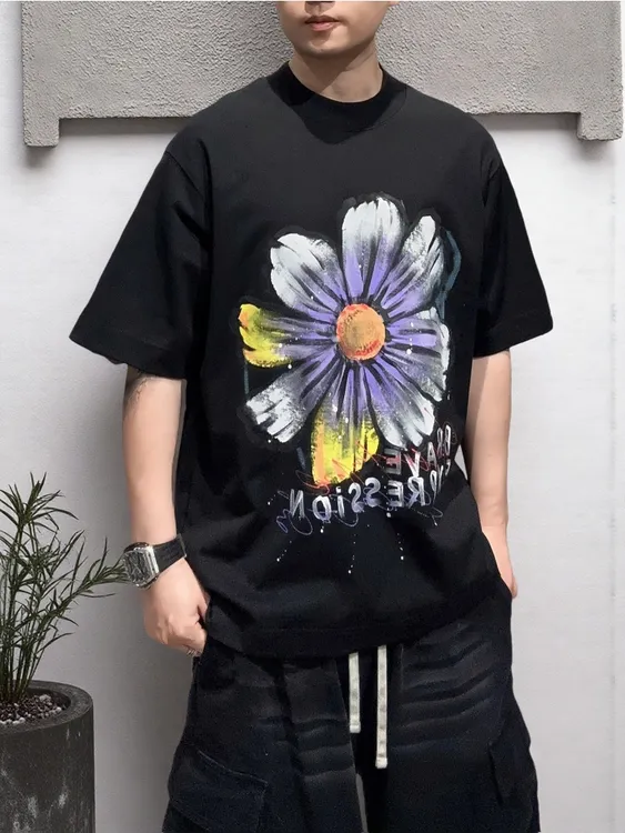 夏季新款青年潮牌手绘涂鸦重磅短袖男字母印花宽松T恤圆领套头潮