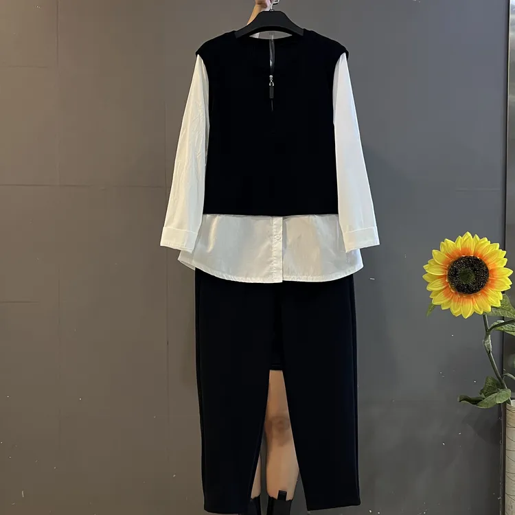 早秋新款圆领拼接假两件宽松显瘦长袖衬衫➕哈伦裤两件套