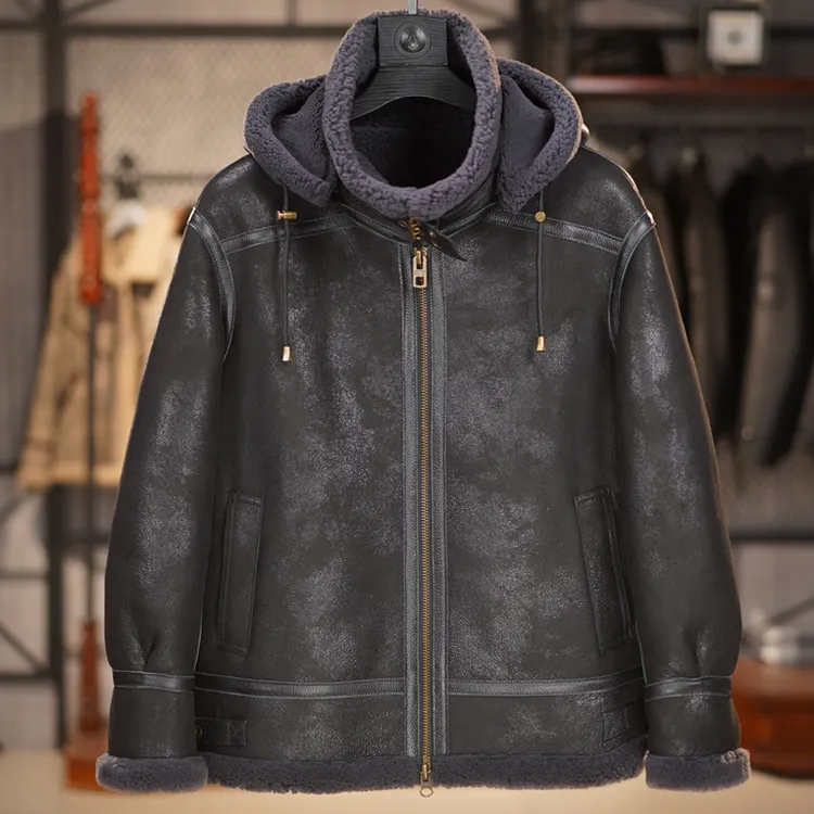 原生态羊皮毛一体b3飞行服夹克男士冬季外套真皮加厚保暖羊皮大衣