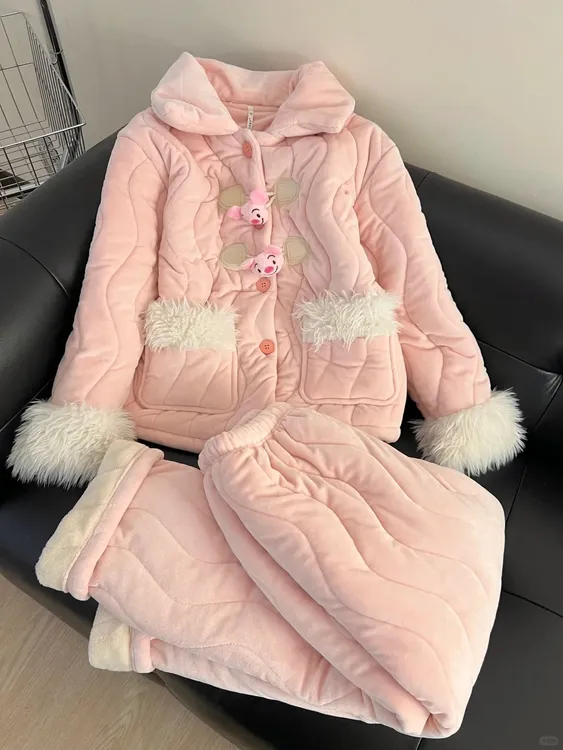 韩版甜美可爱小猪夹棉睡衣女秋冬新款加厚保暖棉服御寒家居服套装