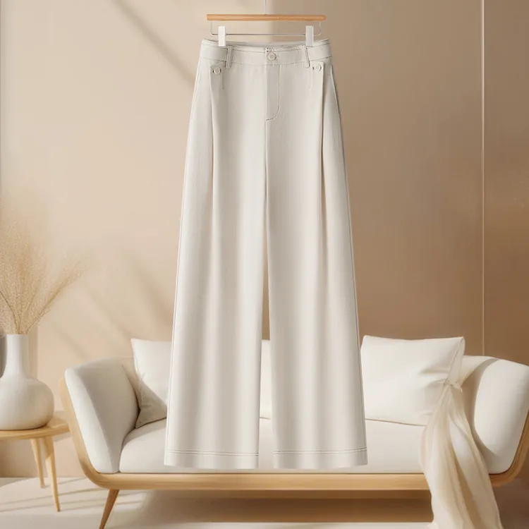 麻本色捏褶亚麻阔腿裤女2025夏季新款高腰宽松垂感窄版休闲直筒裤