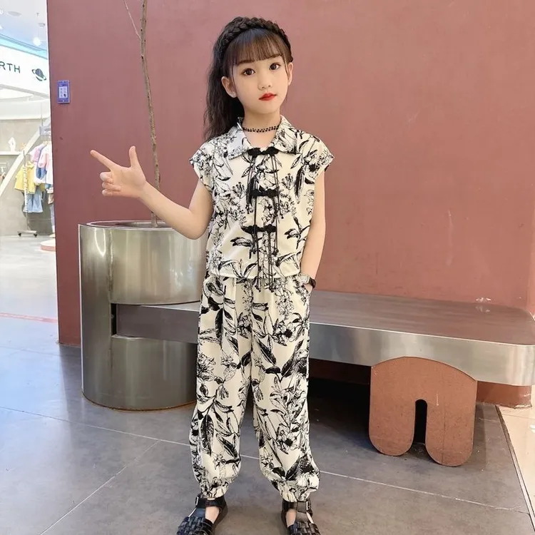 女童套装夏季盘扣水墨画儿童中大童数码印花休闲复古洋气两件套潮