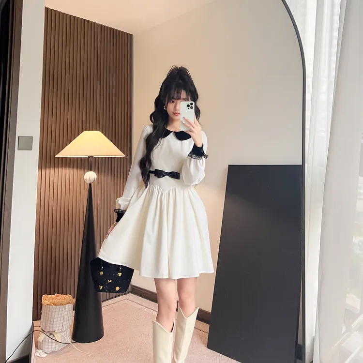 花崎鹿原创杜塞画廊连衣裙丝绒短裙气质千金风蝴蝶结减龄娃娃领