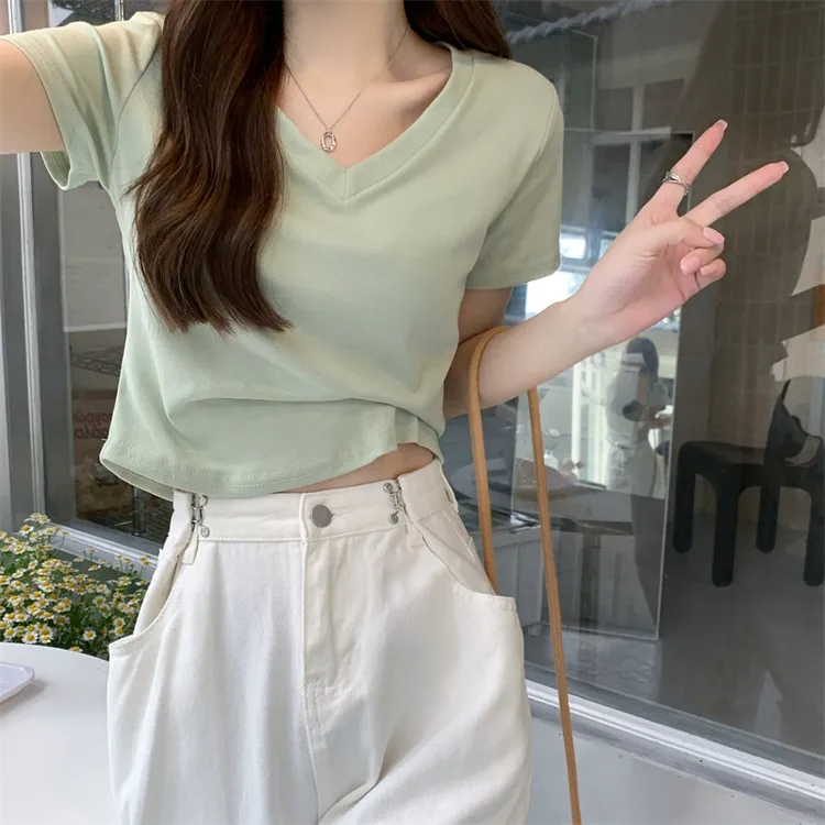 叁夏季百搭时尚韩版短款修身洋气显瘦小众设计感ins风T恤女2025夏