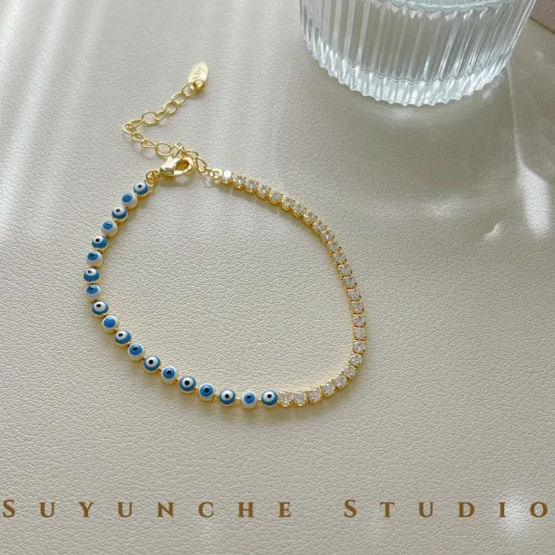 铜合金合成锆石手链 Suyunche2417绿金色简约蓝眼镶锆拼接手链
