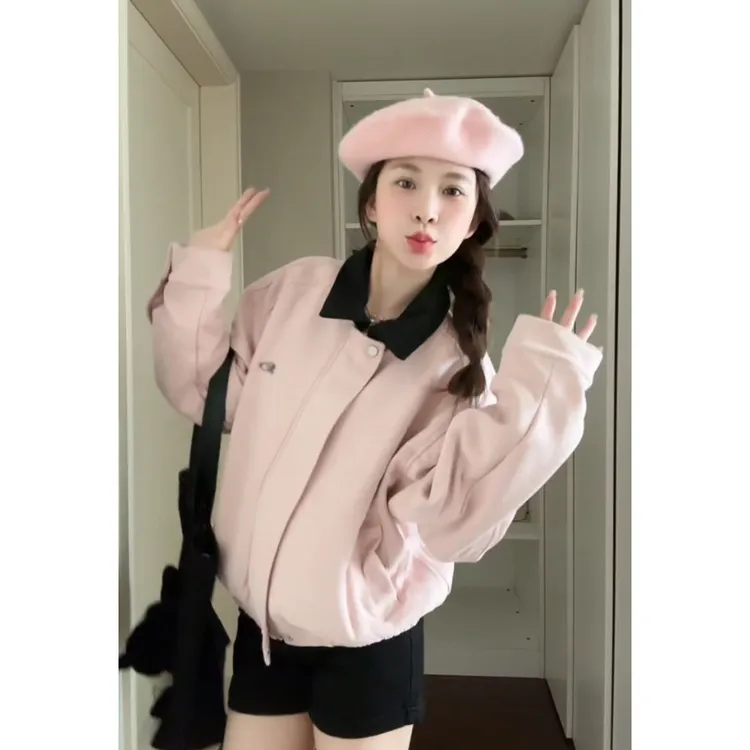 韩系风粉色麂皮小香风外套女春秋季新款美式短款小众夹克翻领上衣
