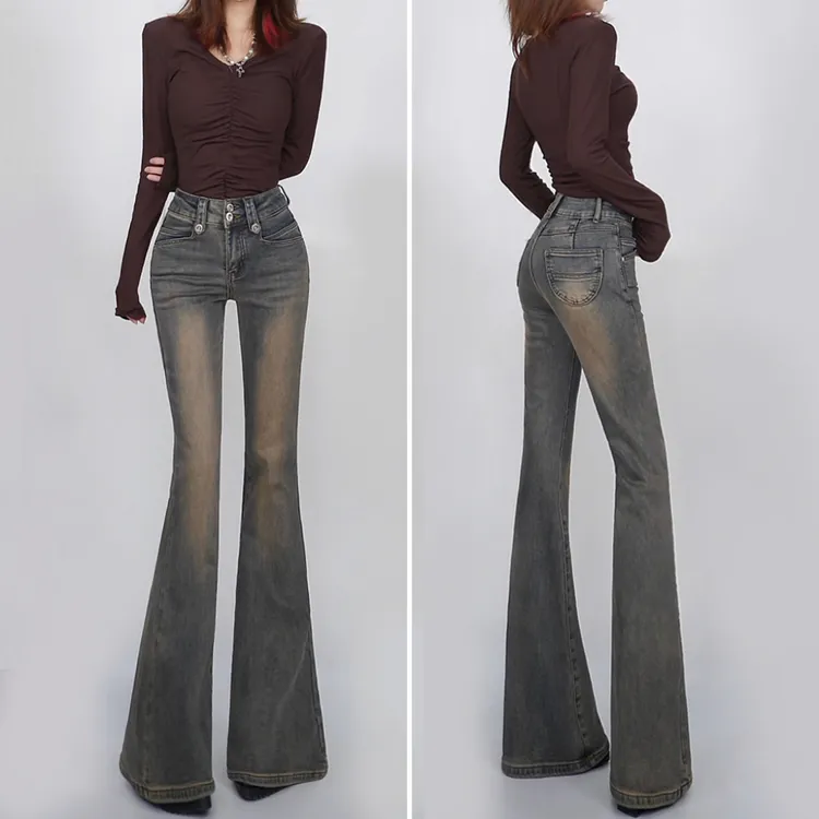 6899秋冬新款复古设计感蜜桃臀口袋微喇叭裤弹力收腰百搭牛仔裤女