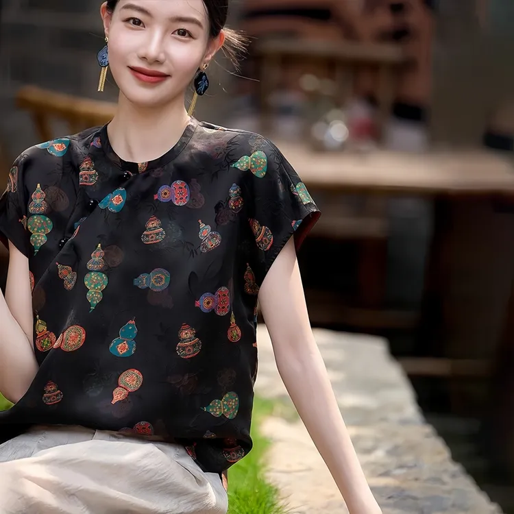 SM潮流国风上衣女装小衫秋季新中式轻奢桑蚕丝衬衫新款短袖衬衣