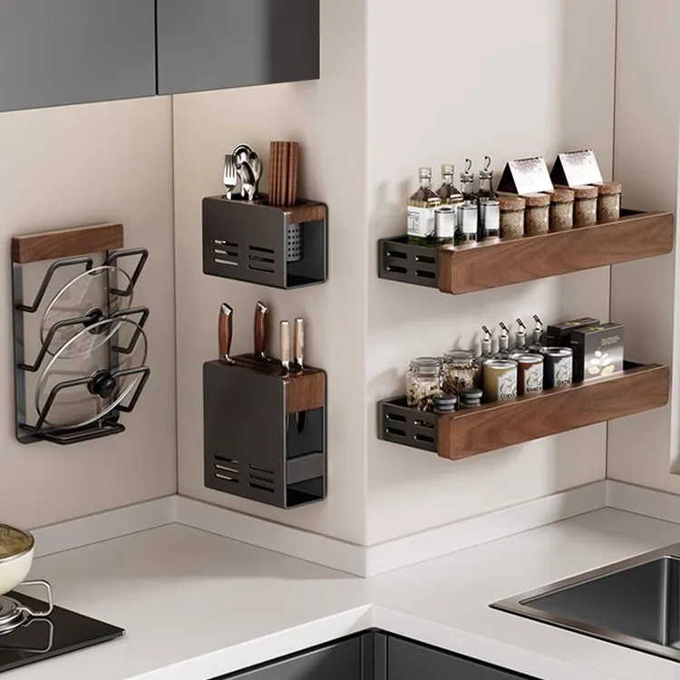 CMEO胡桃木厨房置物架调味品收纳免打孔壁挂式调料多功能家用沥水