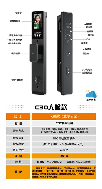 3D人脸识别视频对讲远程指纹密码卡片，防水精雕全自动智能锁