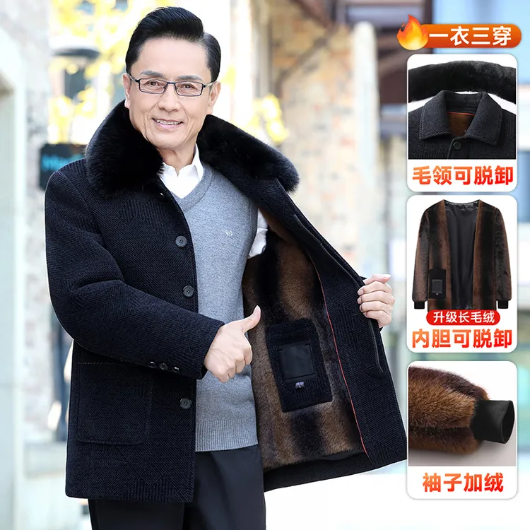 【内胆可脱卸】中老年男士加绒加厚中长款毛呢大衣老年人爸爸装棉衣