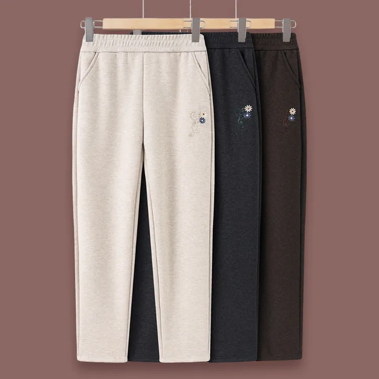 中老年女秋冬款加绒加厚保暖直筒裤中年妈妈冬季高腰松紧小脚裤子