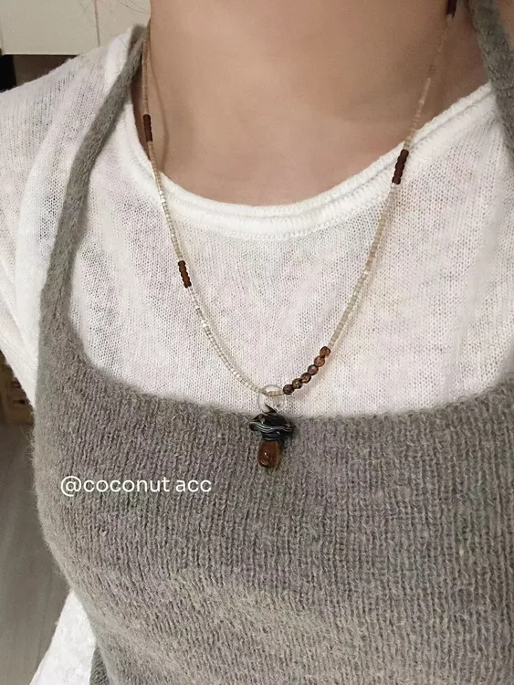 钛钢琉璃项链 「椰饰原创」韩系美拉德油画蘑菇串珠项链ins小饰品