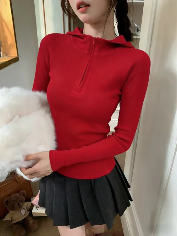 本命年红色修身半拉链连帽衫内搭秋冬季超显瘦打底衫百搭上衣洋气