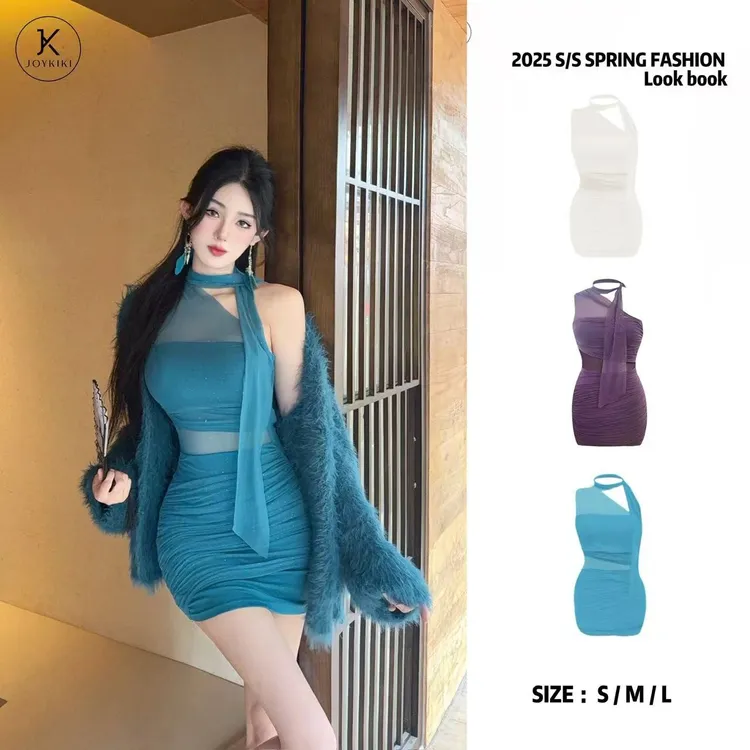 JOY KIKI【浪漫心事】收腰修身气质纯欲挂脖斜肩连衣裙J25A106