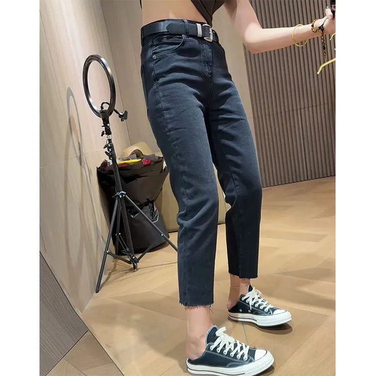 萱贝纯时尚毛边直筒牛仔裤女2025年秋季新款设计感刺绣九分烟管裤