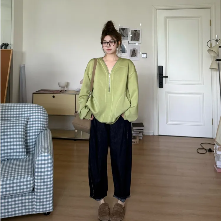 晶咕软软【美式焦点】无领拉链解构风宽松韩系休闲侧插口袋卫衣