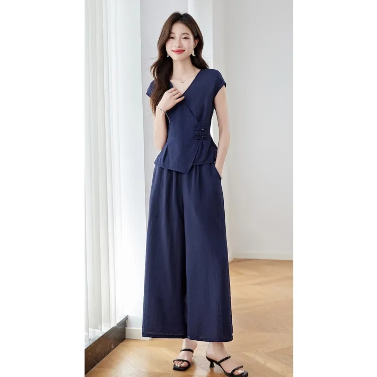 亚麻休闲无袖套装女2025年夏季新款洋气减龄通勤气质阔腿裤两件套