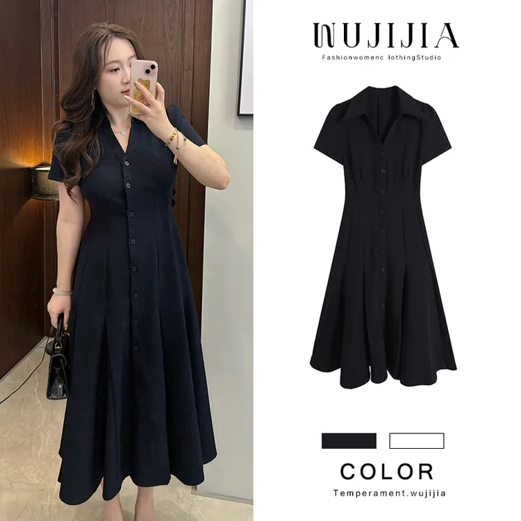 五季家夏季显瘦藏青色长/短款连衣裙大码女装时尚裙子ZL109232