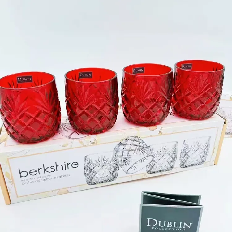 红色款套装套四只网红都柏林水杯菠萝杯清新森系家用浮雕果汁杯
