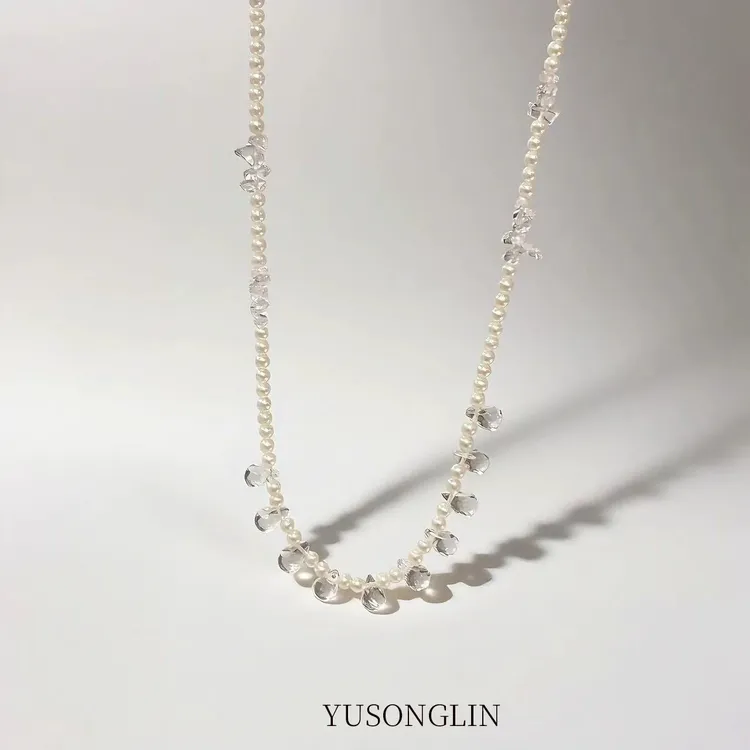 YUSONGLIN原创天然高净体白水晶刻面水滴淡水珍珠s925银项链