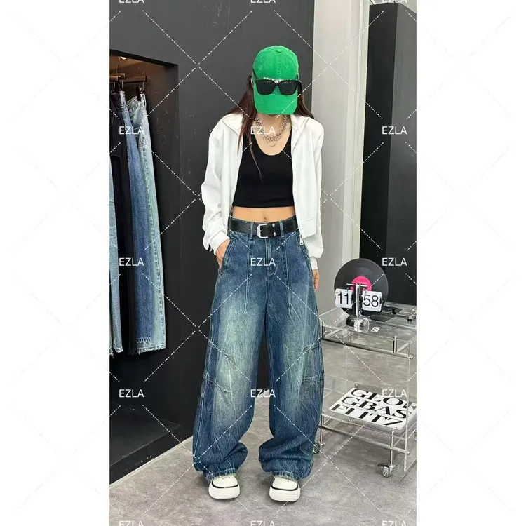 EZ8662-【早秋新款】复古扎花怀旧百搭显瘦无弹水洗美式老爹堆堆裤