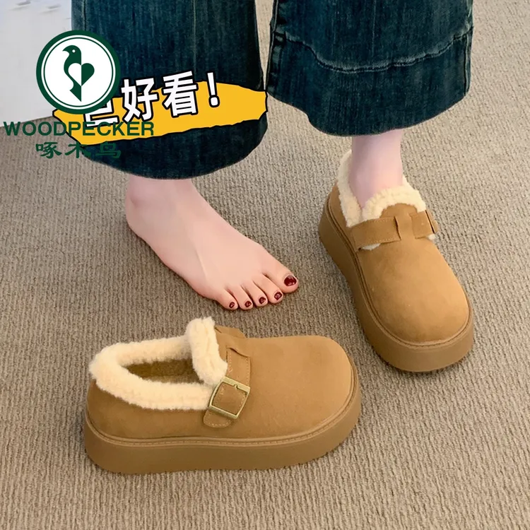 啄木鸟厚底加绒勃肯鞋女鞋2025新款冬季一脚蹬雪地靴乐福鞋棉鞋