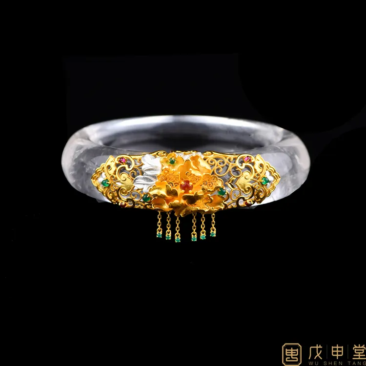 戊申堂鎏金牡丹天然宽条水晶手镯 国风珠宝