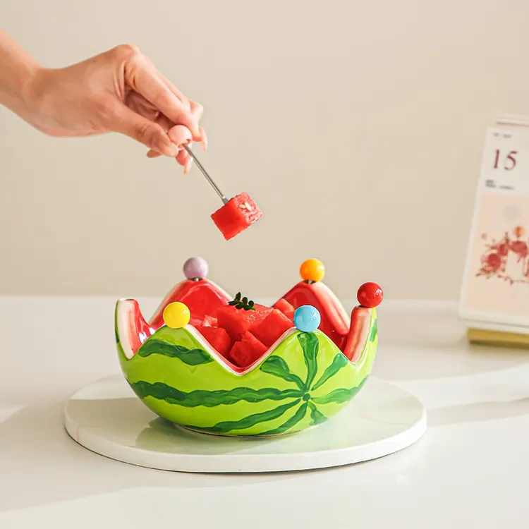 盈璨西瓜果盘家用客厅茶几零食摆放盘子陶瓷水果叉套装乔迁新居糖