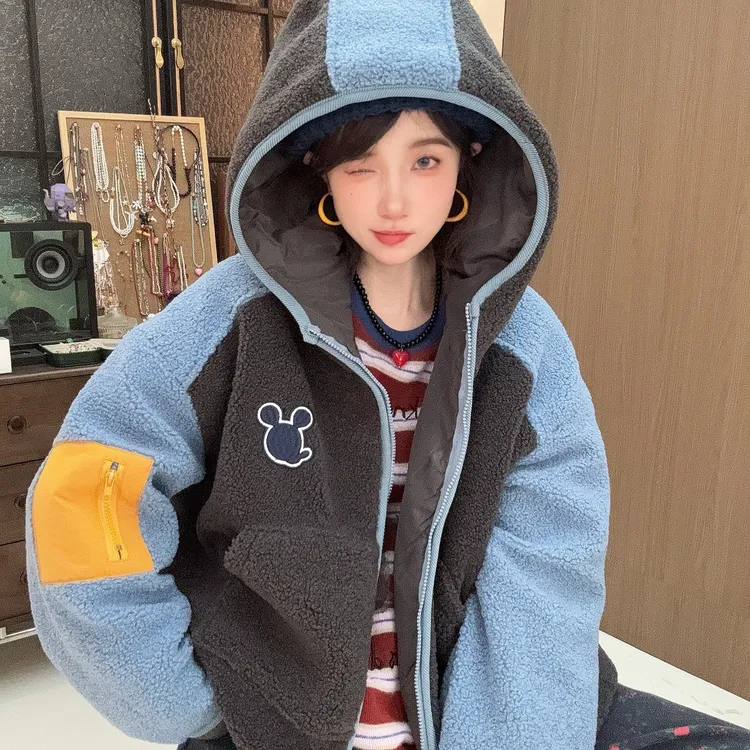 Apr.【海盐奇】冬季加厚保暖插肩袖撞色慵懒拼接百搭外套ST613