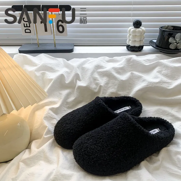 三福平底舒适包头毛毛拖鞋女秋冬新款复古外穿毛绒百搭加绒半拖鞋