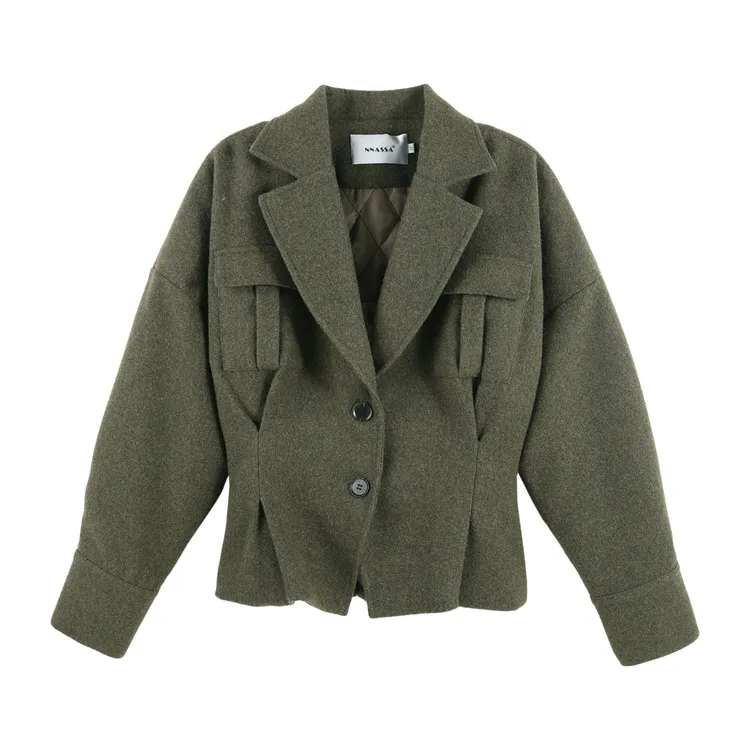 2025冬季新款工装风收腰毛呢外套大口袋设计短款上衣HBZXP720065