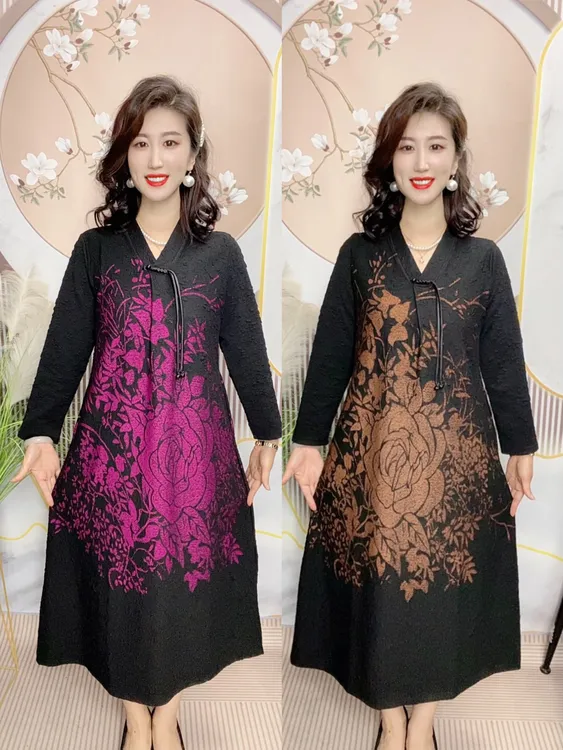 【沐丹阁女装】高端时尚气质中老年连衣裙显瘦高贵提花长款妈妈裙