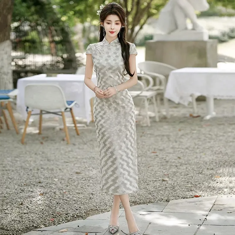 8876-香槟金水波纹丝绒款弹力国风新中式复古高端晚礼服夏季旗袍