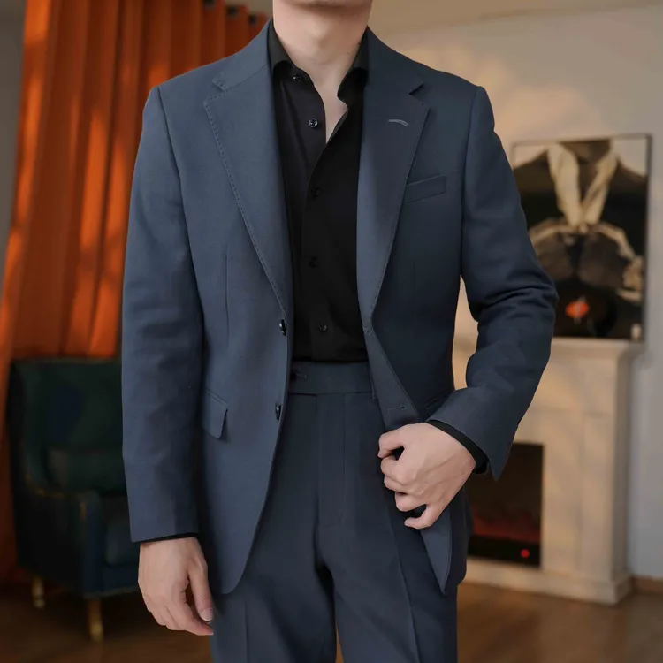 羊毛蓝色单排扣秋冬修身时尚西服结婚男士百搭商务休闲男士西服