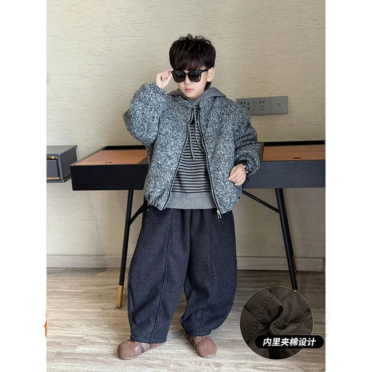 男童休闲韩版时尚纯色夹棉毛呢外套连帽条纹针织毛衣个性宽松棉服