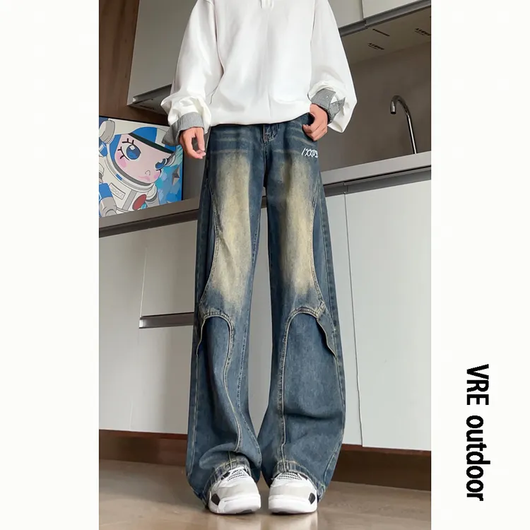 复古做旧水洗拼接牛仔裤男秋季美式高街vibe潮牌小众直筒阔腿长裤