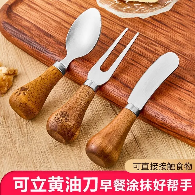 【新品】猫爪立式相思木刀叉家用创意餐具不锈钢水果勺子家用纯手工