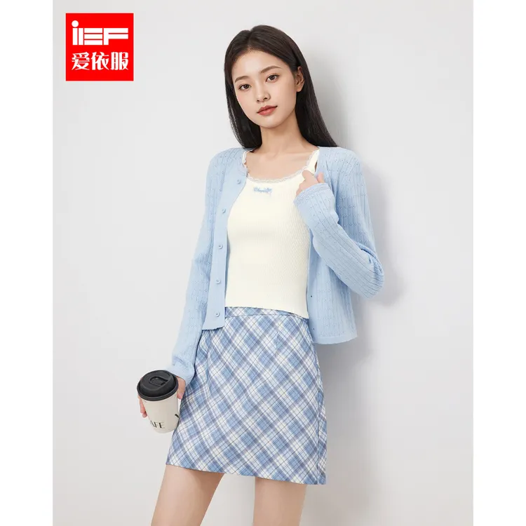 IEF/爱依服2025春新品甜美时尚三件套女学院风针织开衫半身裙套装