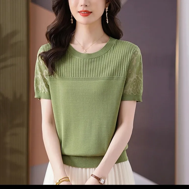 莱赛尔中年女士短袖T恤清凉透气薄款上衣百搭宽松夏季薄款针织女