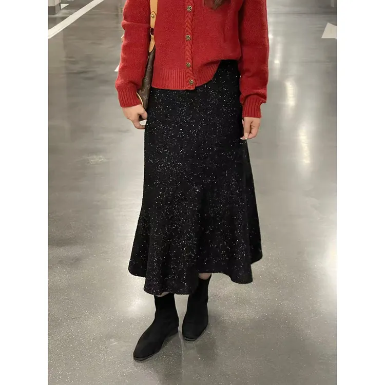 WenWen小个子25秋冬新款亮闪闪亮片加厚A摆修身高腰半身裙4756