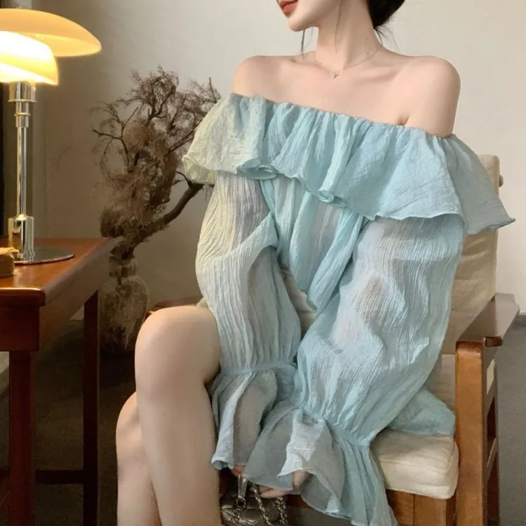 法式一字领露肩女2025夏季宽松休闲薄款打底衫荷叶边喇叭袖上衣潮