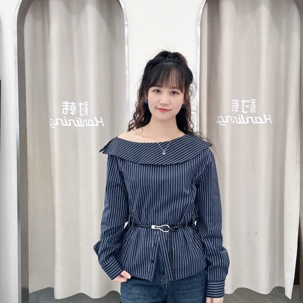 秋季新款百搭显瘦收腰斜肩条纹长袖衬衫时尚气质女装JC9185